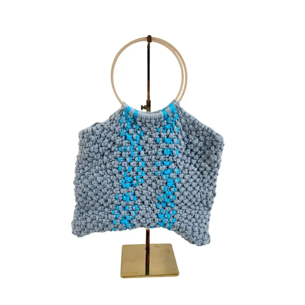 Handmade Crochet Tote Bag Gray Blue Striped Yarn Purse with Wooden Round Handles